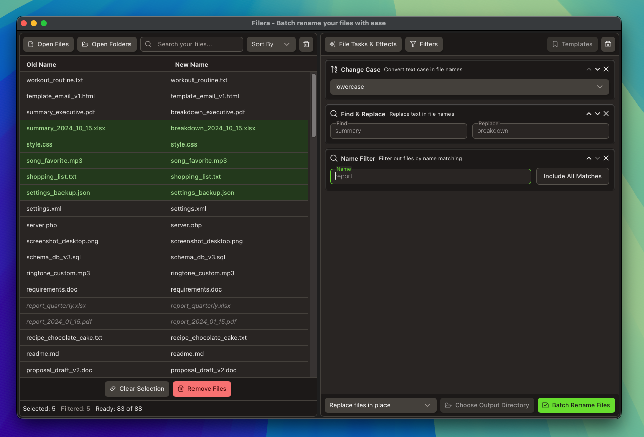 Filera desktop application showing a file list, rename preview, task pipeline, and filters.