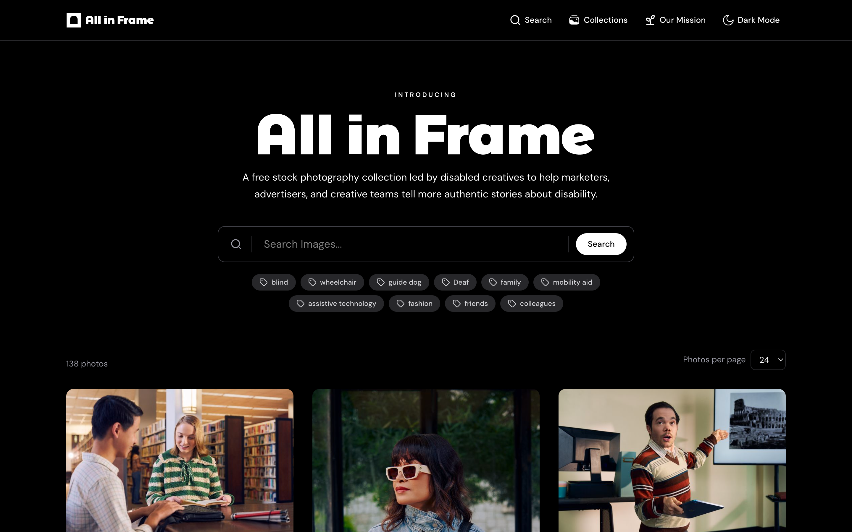 All in Frame homepage showing its search tools and opening photography grid.