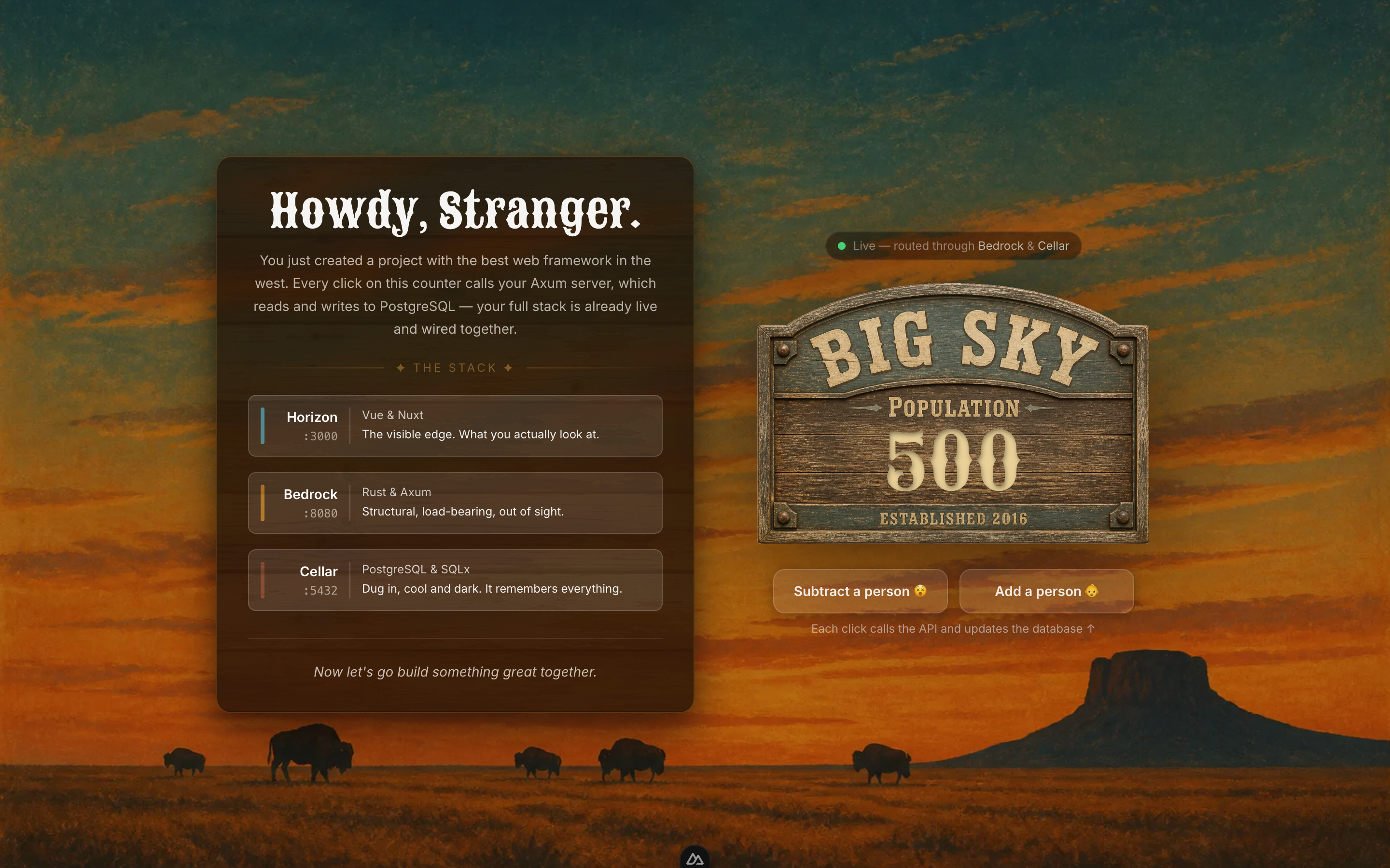 Big Sky starter interface with its full-stack service map and interactive population sign.